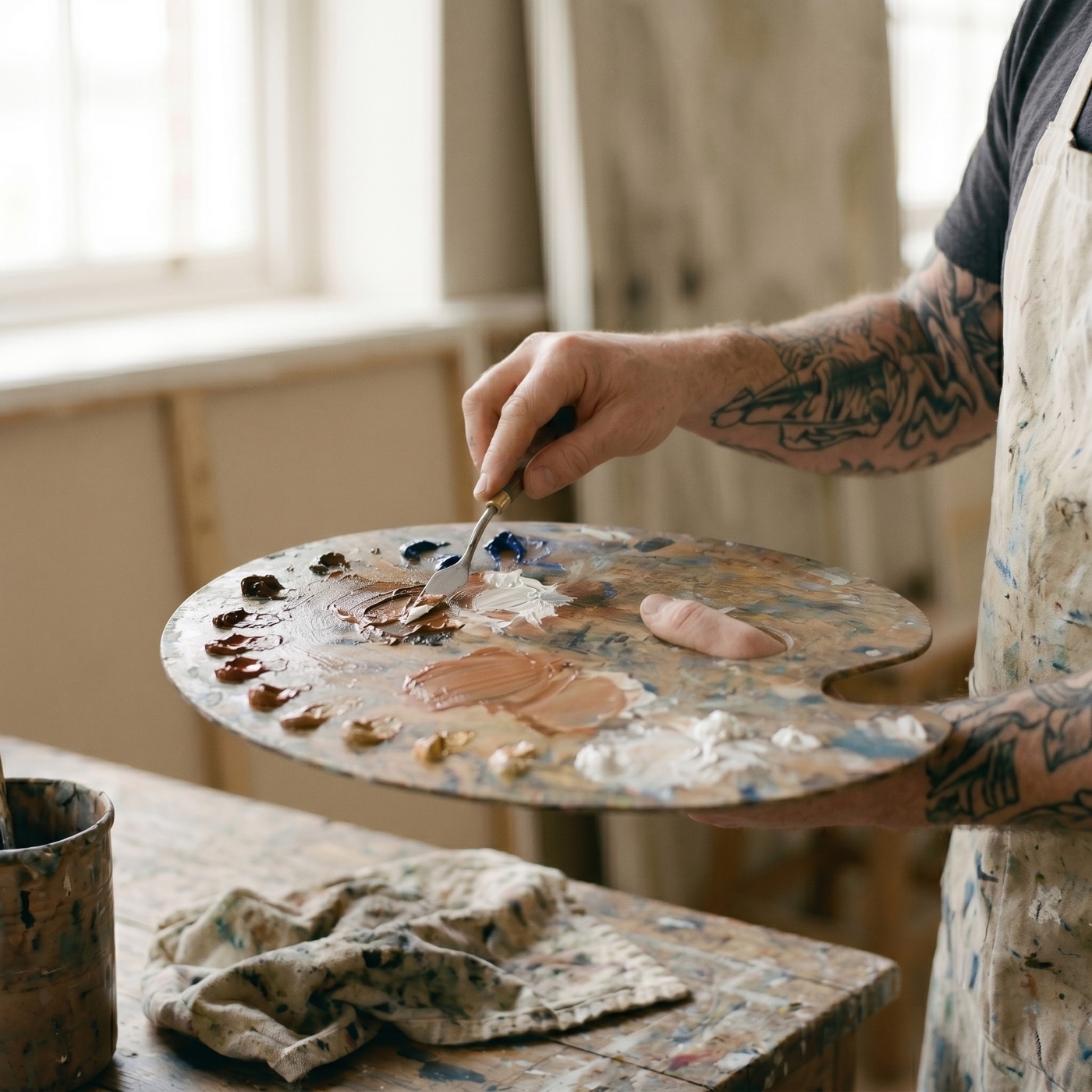 Hugo mixing paint in the studio