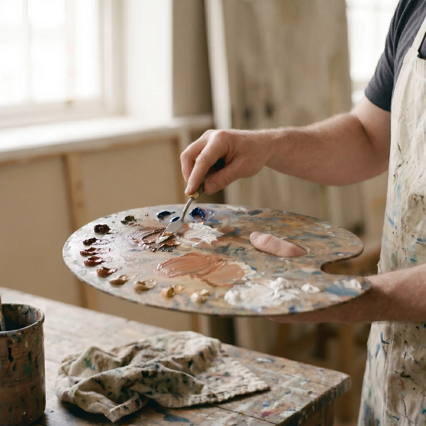 Hugo mixing paint in the studio
