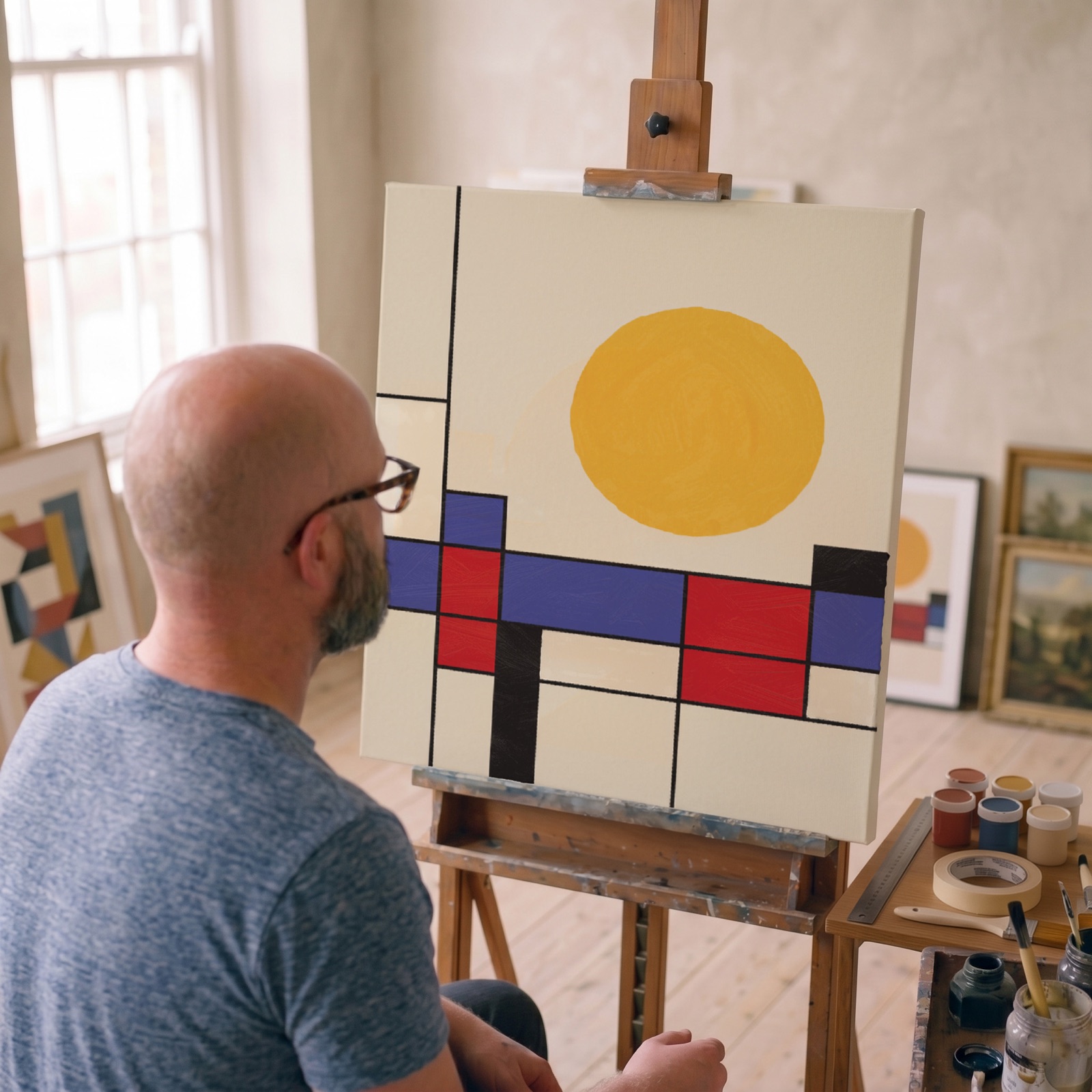 Hugo North at his studio easel, painting the first Bauhaus Mornings piece — a flat geometric sun above a grid of rooftops in red, blue and black