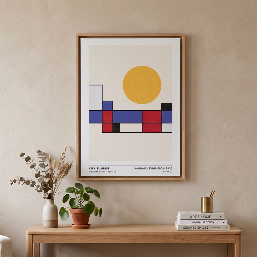 City Sunrise in a floating natural oak frame