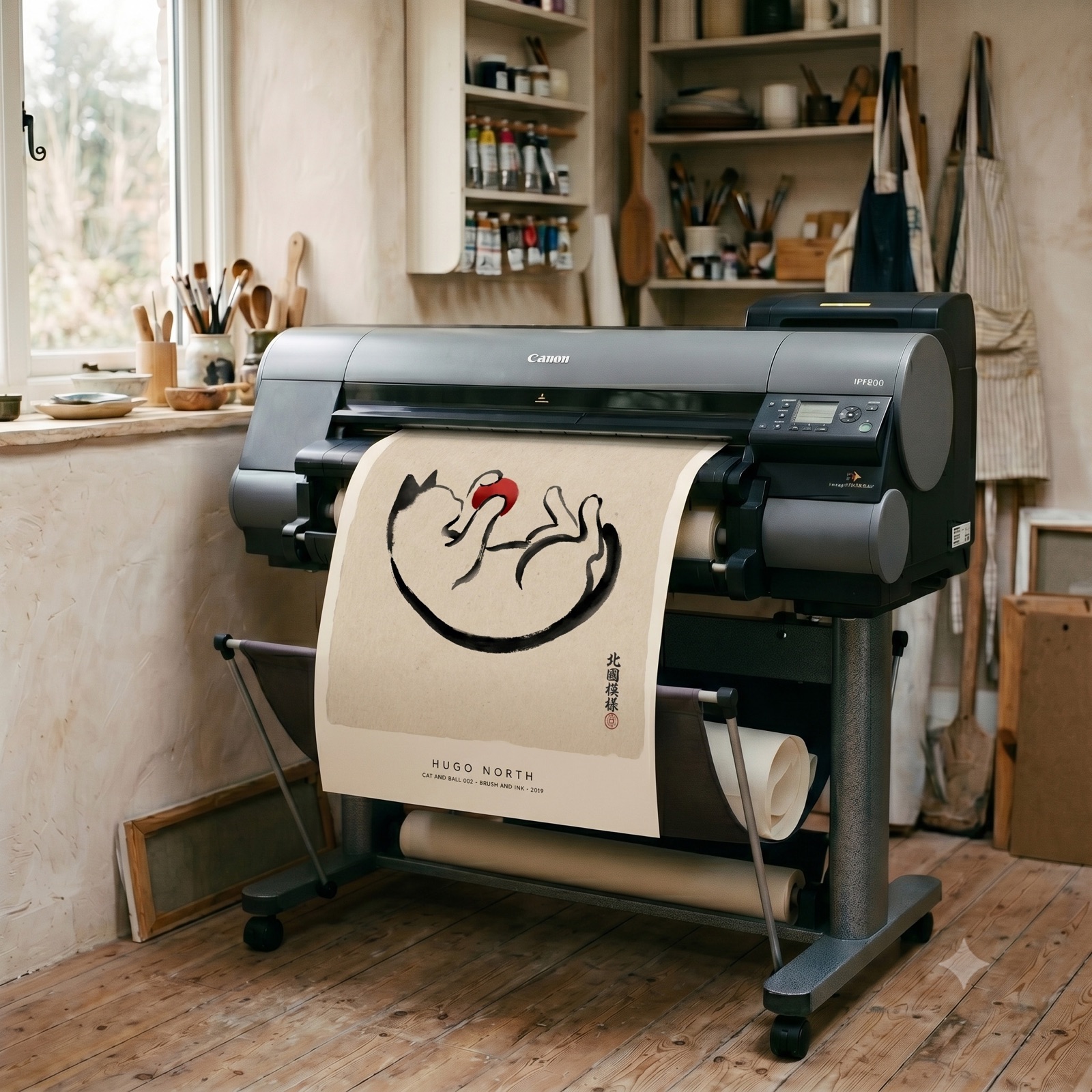A fine-art giclée print of an ink-brush cat emerging from a wide-format printer in the studio