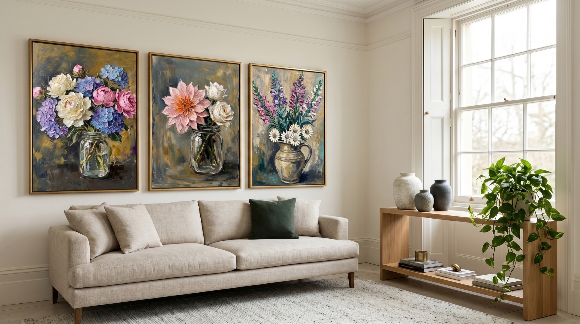 Three framed floral fine-art prints above a sofa in a bright living room