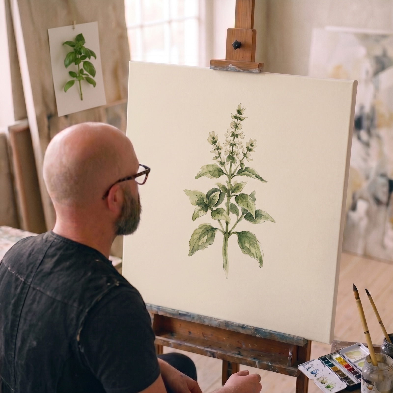 Hugo North at his studio easel, painting the first Kitchen Garden piece — a watercolour botanical study of basil, a real sprig pinned up beside it for reference