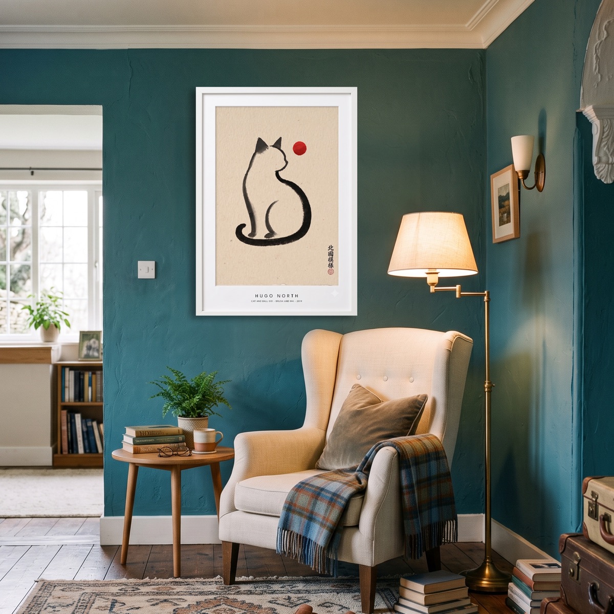 A framed print shown at three sizes above a reading chair