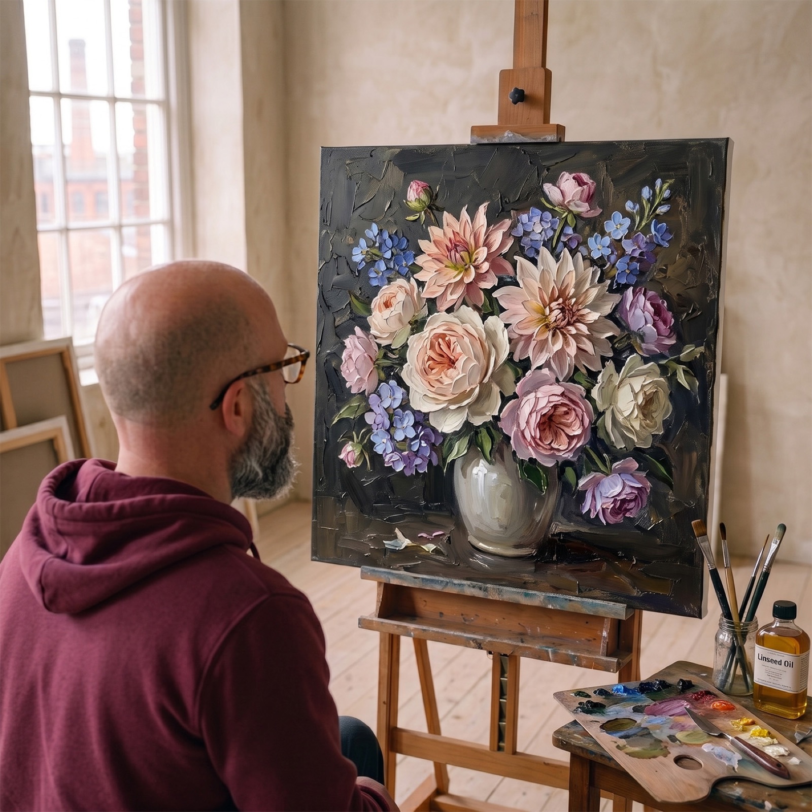 Hugo North at his studio easel, painting the first Still Life piece — a thick, impasto bouquet of dahlias, roses and peonies in a pale ceramic vase
