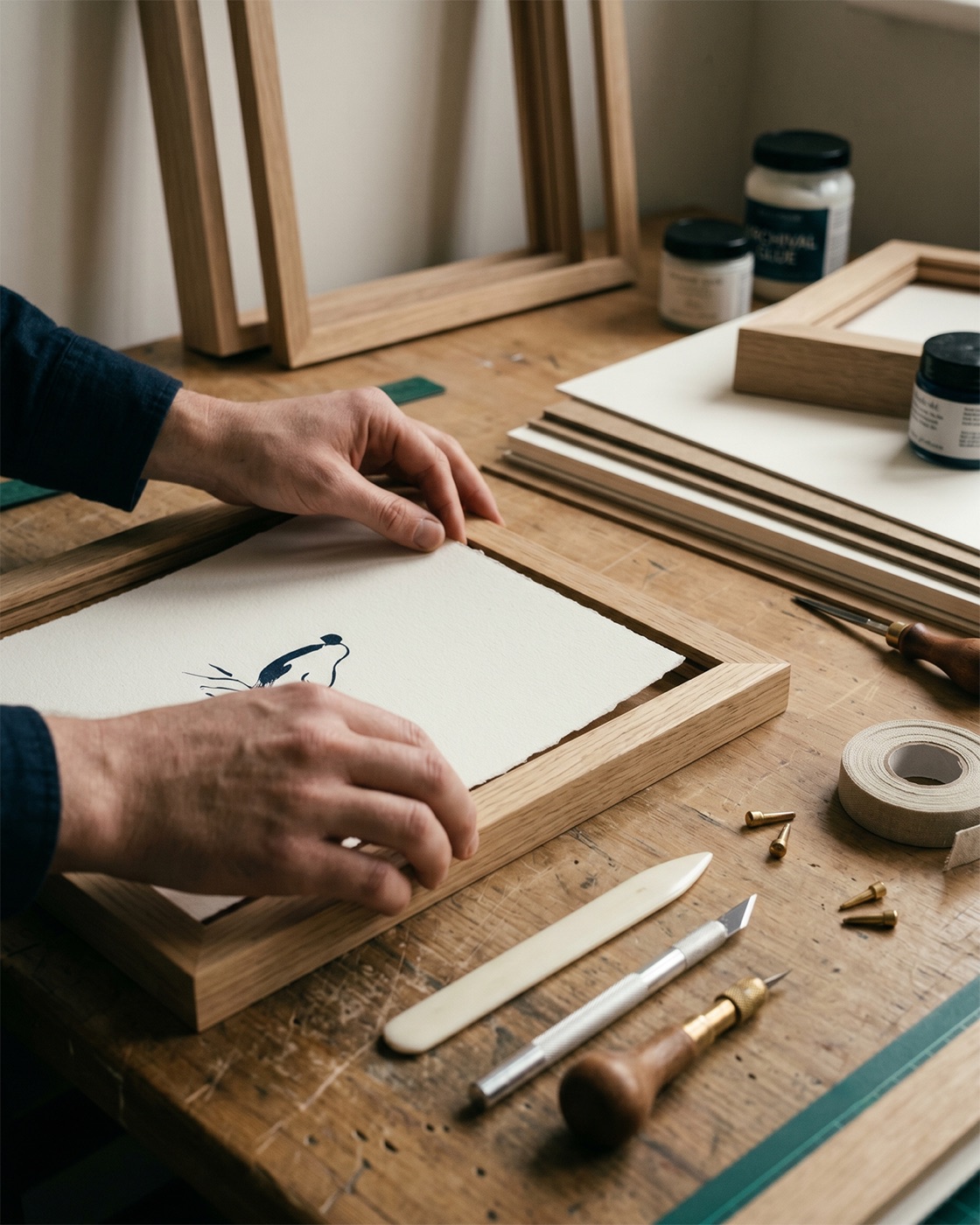 Hands fitting a finished print into a handmade oak frame on the workbench