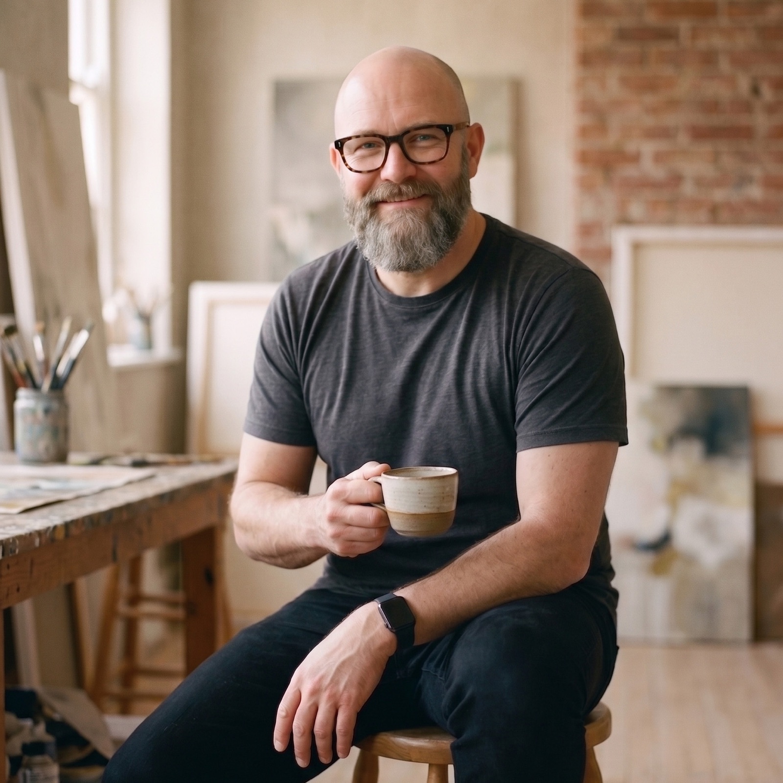 Hugo on a stool in the studio with his morning coffee
