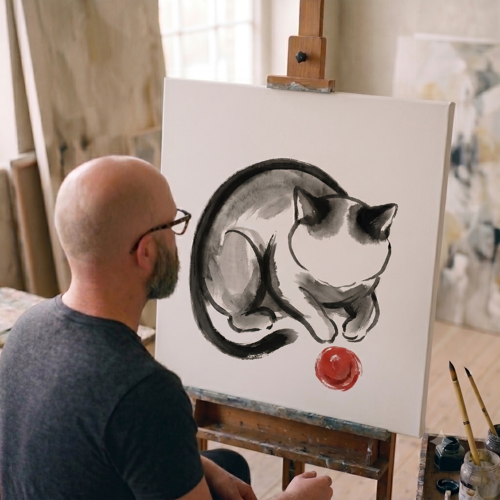 Hugo North in his studio, seated at the easel in front of the first concept piece — an ink-brush cat curled around a red ball