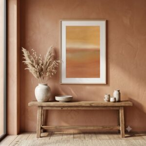 Ochre Field fine art print framed in a styled room