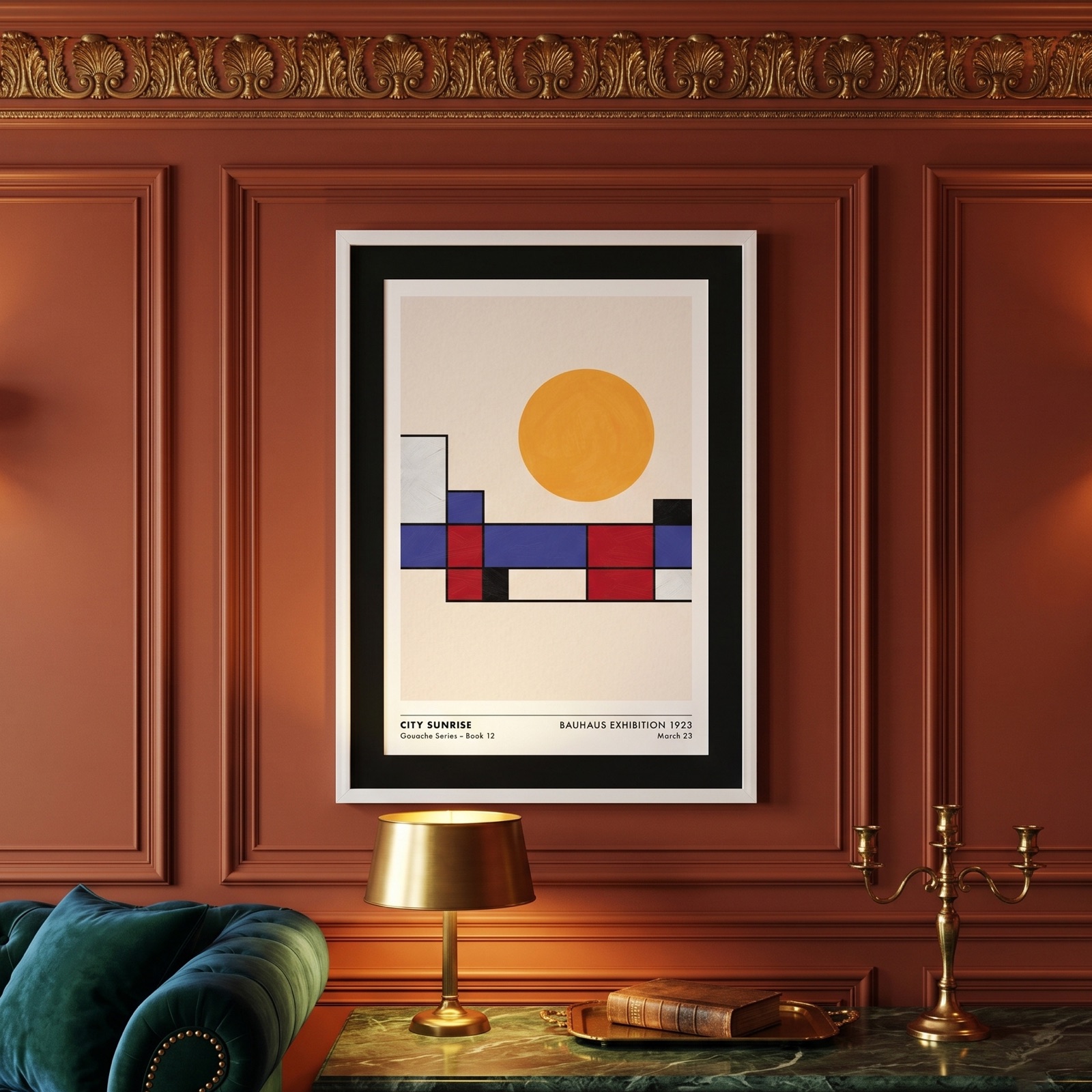 City Sunrise Bauhaus print framed in a room