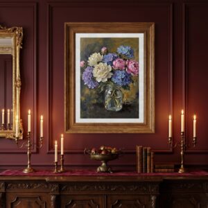 Dahlia & Roses floral oil framed in a room