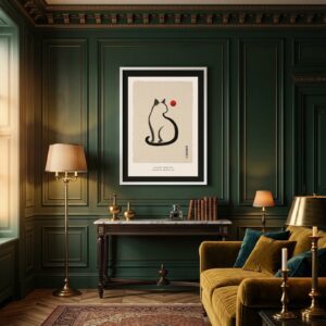 Stillness Sumi-e cat print framed in a room