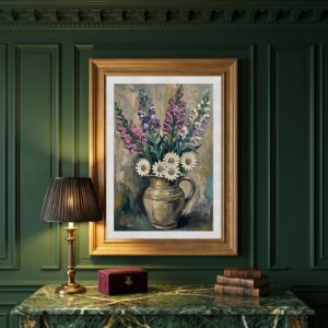 Foxgloves & Daisies floral oil framed in a room