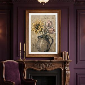 Sunflower & Tulips floral oil framed in a room