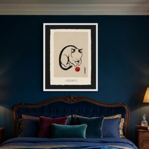 Curiosity Sumi-e cat print framed in a room
